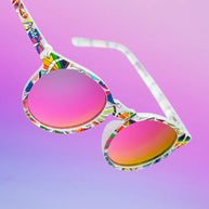 Not A Phase, A Transformation by Goodr, clear glasses with purple lenses and colorful butterfly LGBTQ+ flag design, unisex eyewear