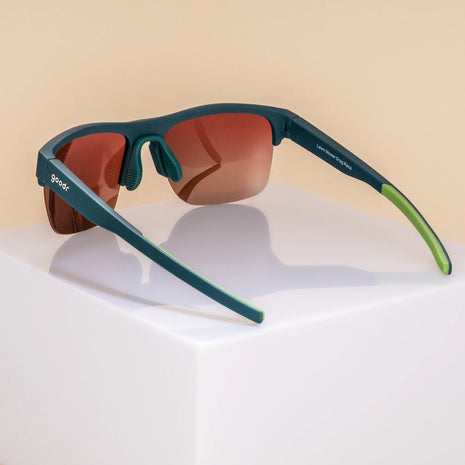 Lawn Mower Drag Race by Goodr in solid green with rose gradient lenses, adjustable nose piece, lightweight sunglasses for outdoor use