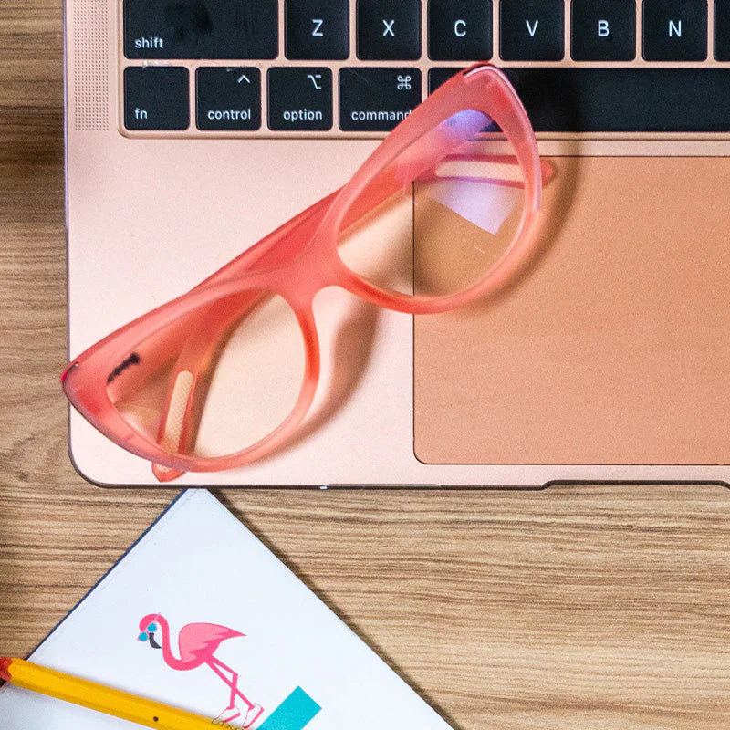 Rage Quit and Hit It by Goodr in pink cat-eye frame blue light-blocking glasses for medium noggins, gaming and screen use