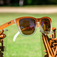 Three Parts Tee by Goodr in brown gradient with polarized high contrast lenses, ideal for golf and outdoor celebrations in the USA