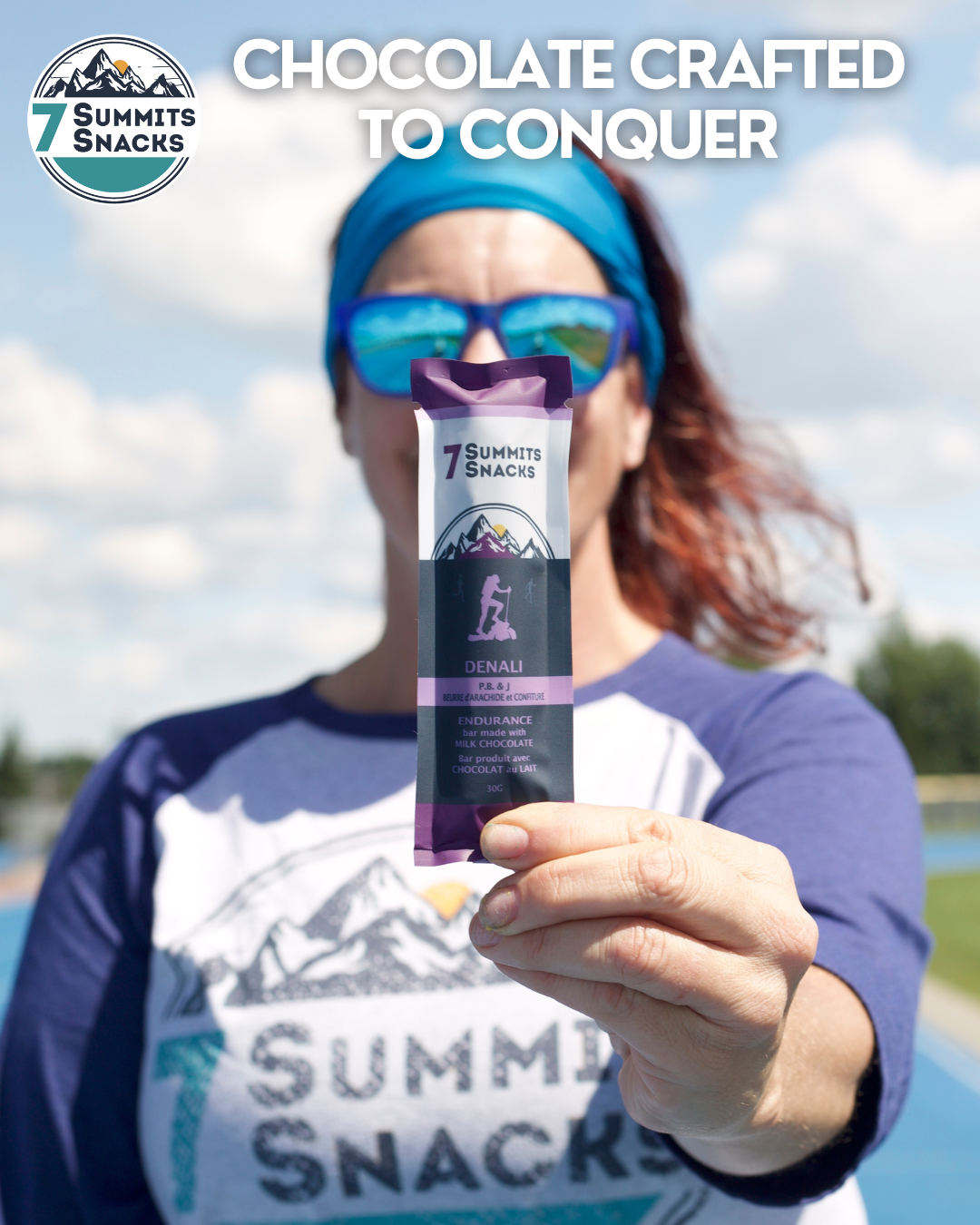 Denali Milk Chocolate Endurance Bar (30g) by 7 Summit Snacks in purple, rich 40% cocoa milk chocolate with honey and peanut butter for sustained energy