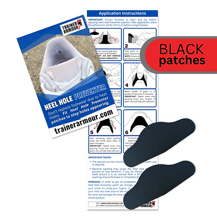 Heel Hole Preventer by Trainer Armour in black, self-adhesive patches to prevent or repair heel hole damage on footwear