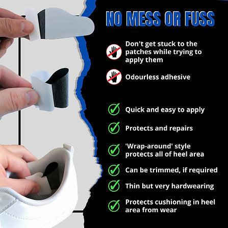 Heel Hole Preventer by Trainer Armour in black self-adhesive patches to prevent and repair heel hole with odorless wrap-around design
