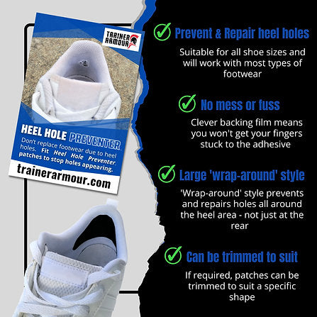 Heel Hole Preventer by Trainer Armour in white, self-adhesive wrap-around patches to prevent or repair heel holes on footwear