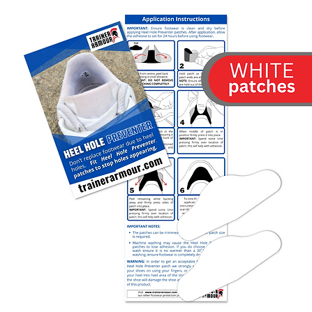 Heel Hole Preventer by Trainer Armour in white, self-adhesive wrap-around patches to prevent and repair heel holes on footwear