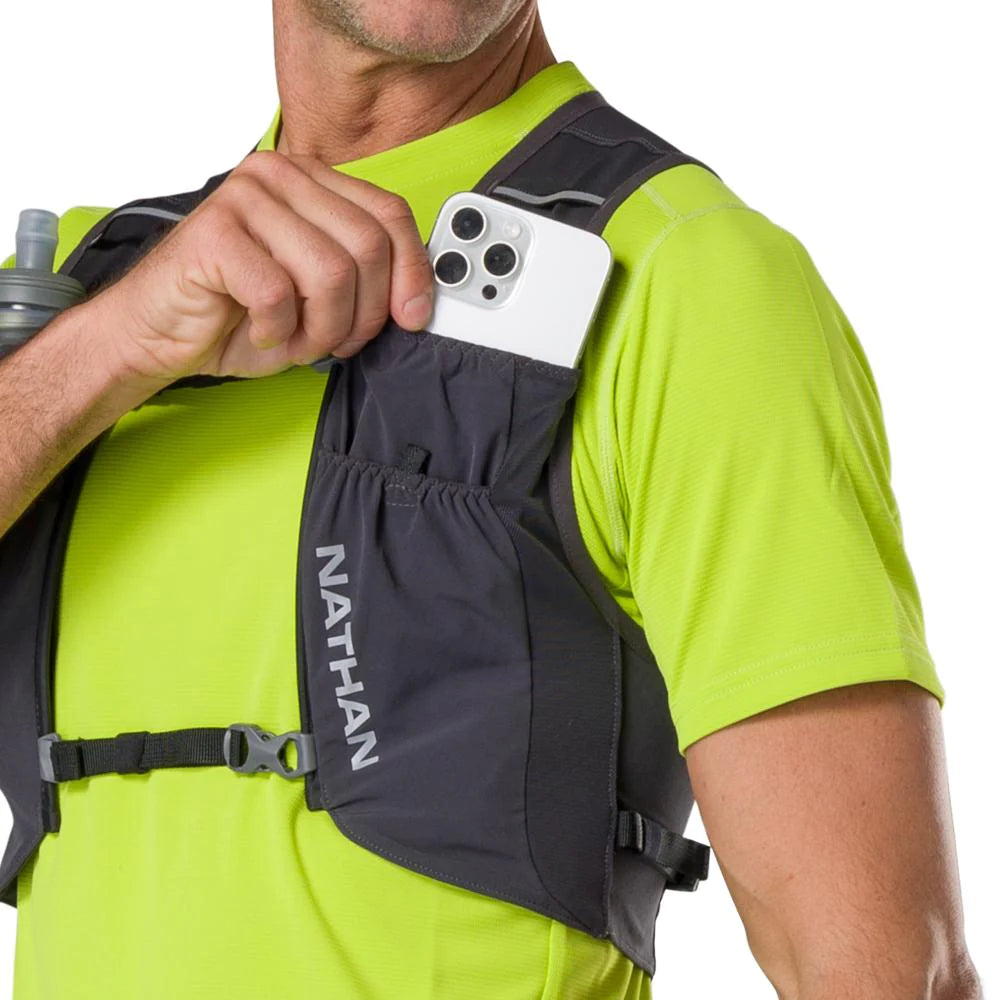Pinnacle Run Lite Vest by Nathan in black lightweight breathable hydration vest with storage for road and trail running