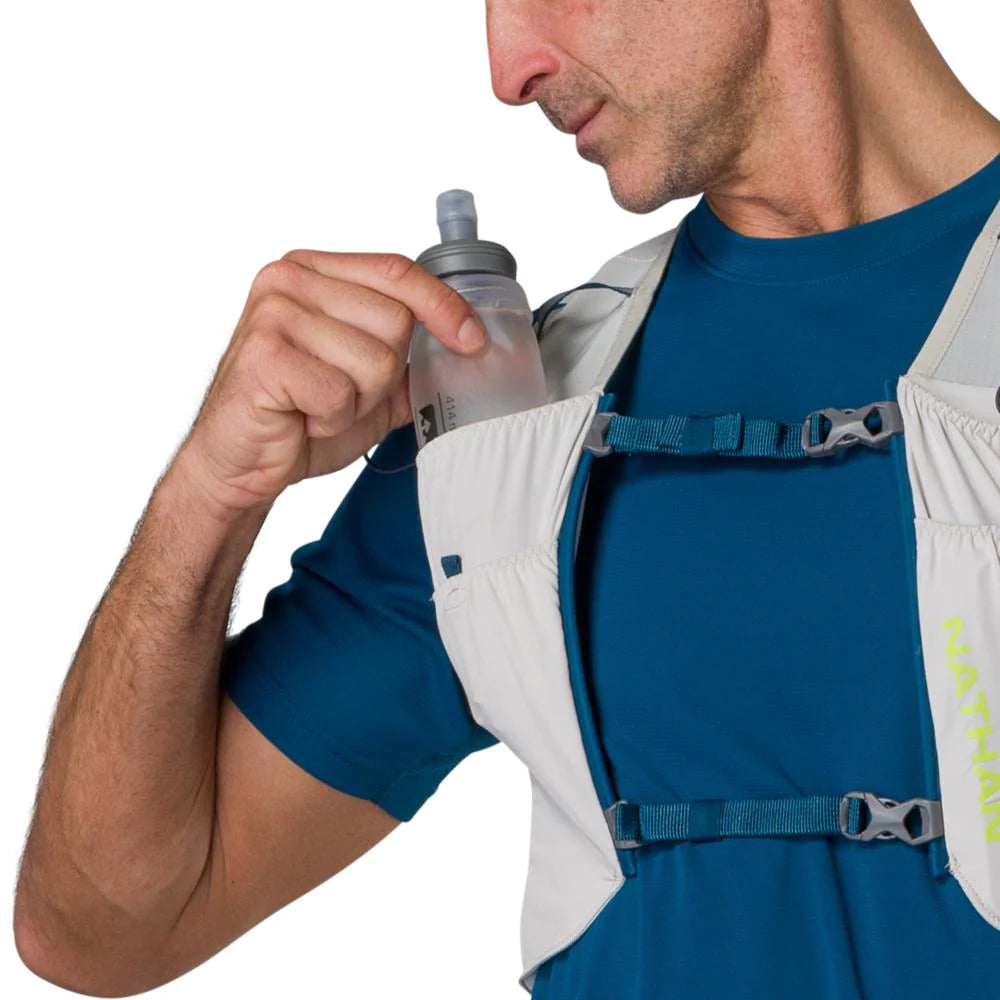 Pinnacle Run Lite Vest by Nathan in moonlight color, ultra-lightweight breathable hydration vest for road and trail running