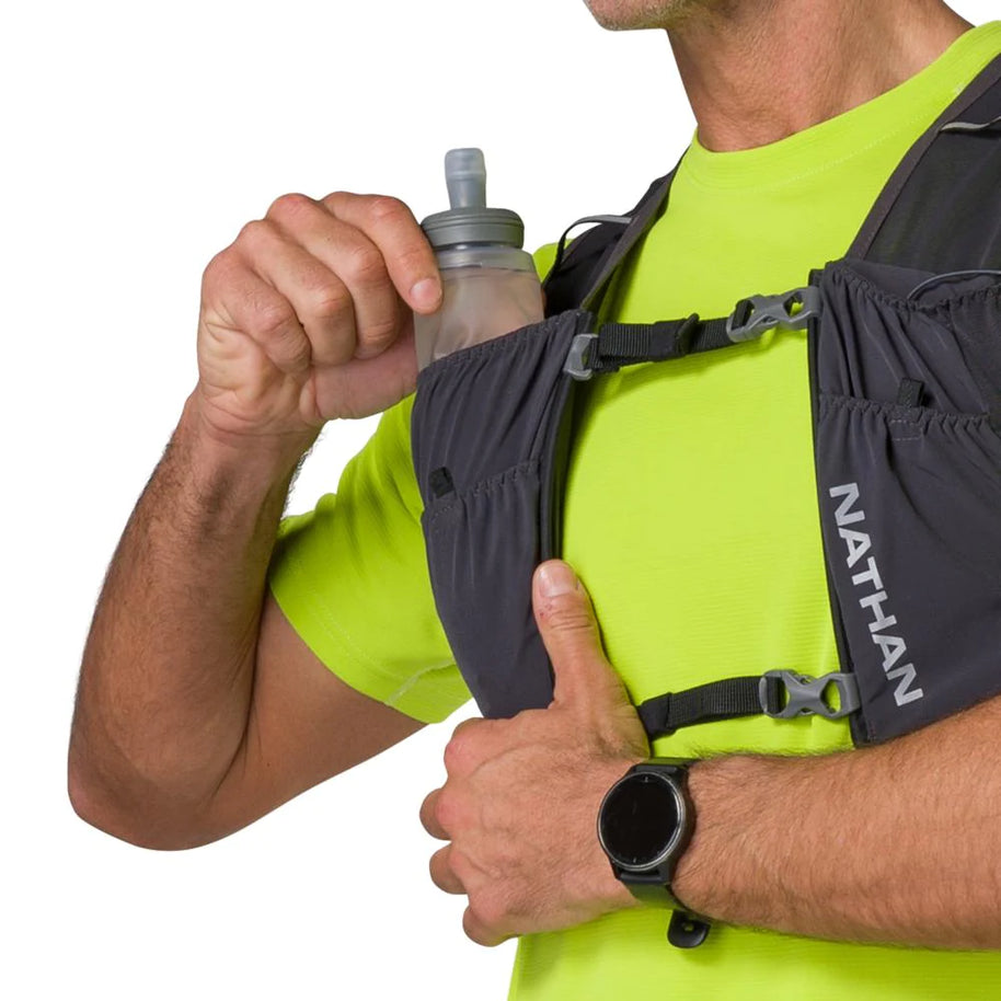 Pinnacle Run Lite Vest by Nathan in black and grey, ultra-lightweight breathable hydration vest for road and trail running training