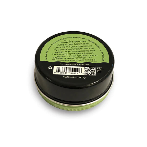 All Natural Anti-Chafe Salve (Metal Tin) by Squirrel's Nut Butter in black and green, natural anti-chafing salve for skin protection