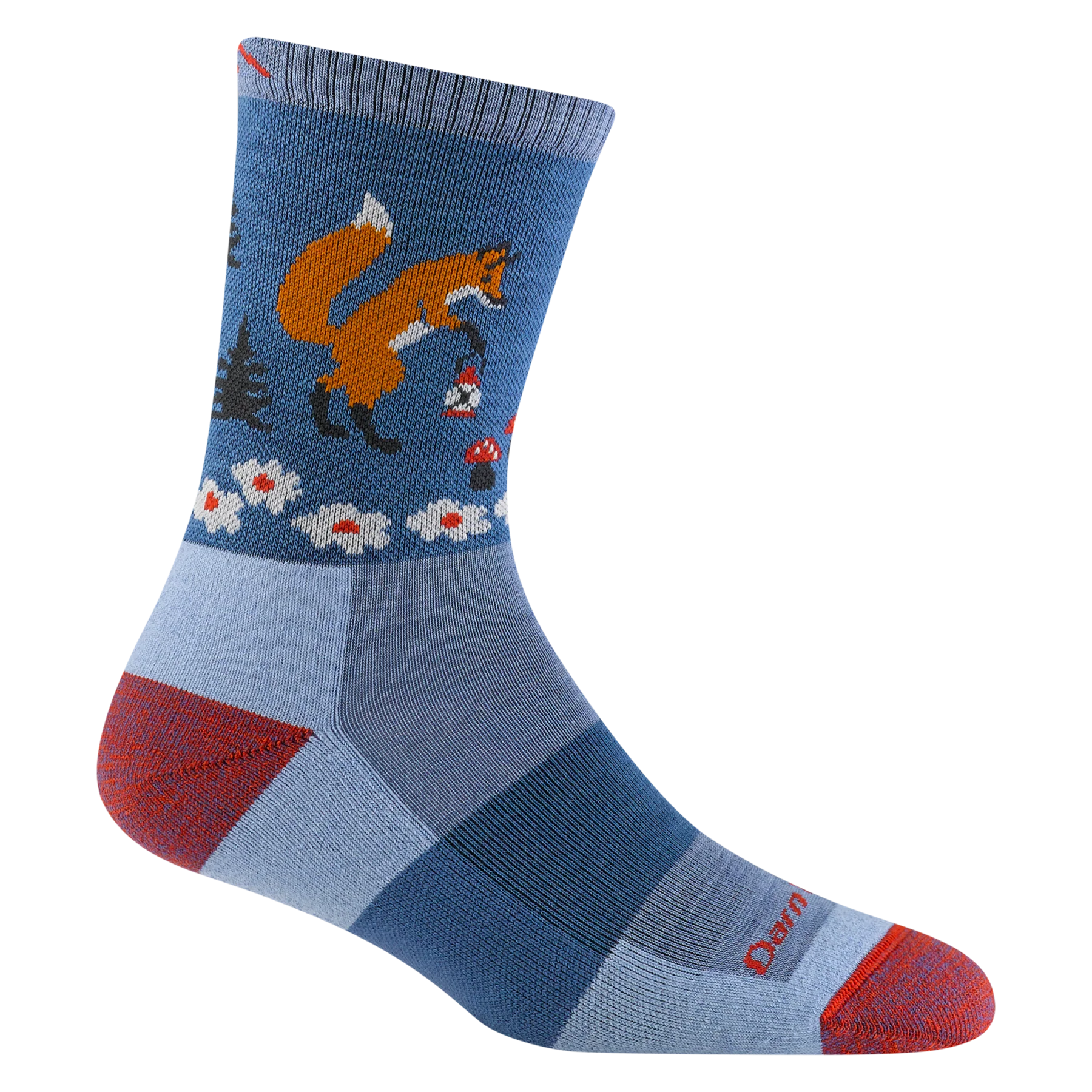 Critter Club Micro Crew Lightweight w/ Cushion Hiking Sock - Women by Darn Tough in blue with orange fox, cushioned lightweight hiking sock for casual outdoor strolls