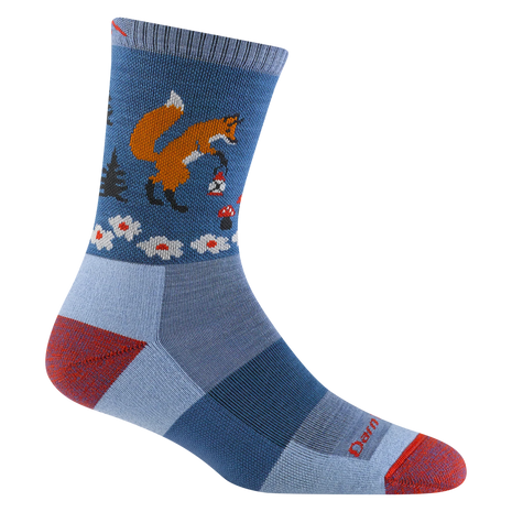 Critter Club Micro Crew Lightweight w/ Cushion Hiking Sock - Women by Darn Tough in blue with orange fox, cushioned lightweight hiking sock for casual outdoor strolls