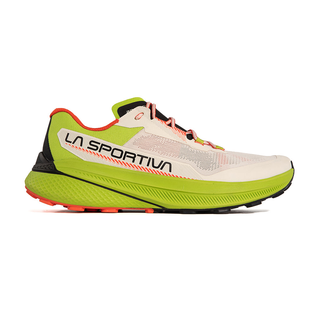 Prodigio - Men by La Sportiva in cream and green with XFlow™ foam, lightweight trail running shoe for cushioning and stability outdoors