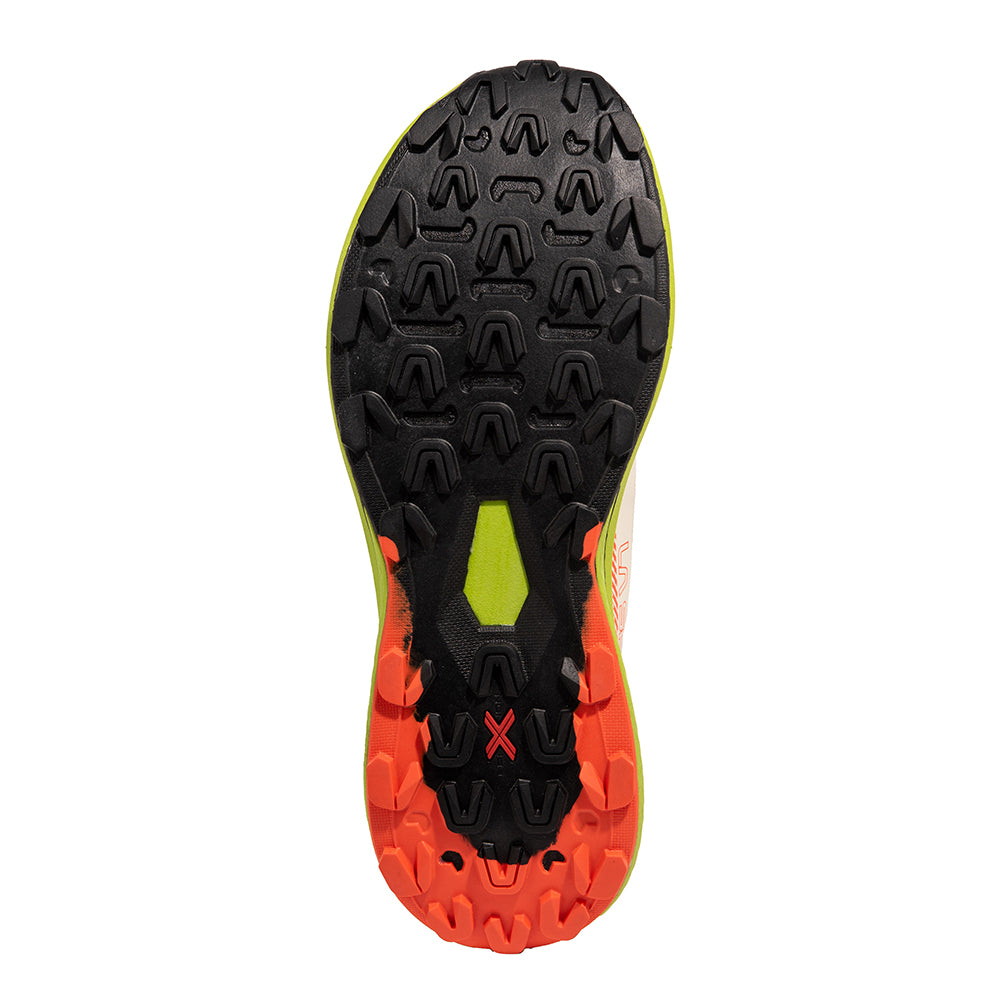 Prodigio - Men by La Sportiva in black, neon green, and orange with XFlow™ foam and durable sole for trail running and outdoor use