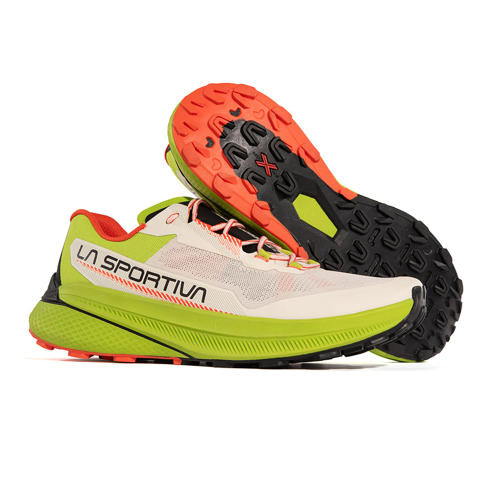 Prodigio - Men by La Sportiva in beige and green with XFlow™ foam for cushioned, stable trail running and outdoor performance
