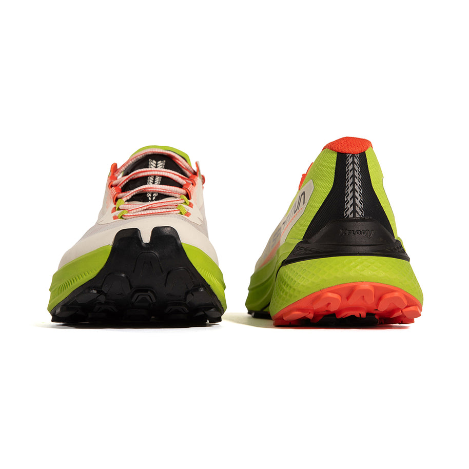 Prodigio - Men by La Sportiva in white, lime, and orange with XFlow™ foam cushioning, stable trail running shoe for rugged terrain