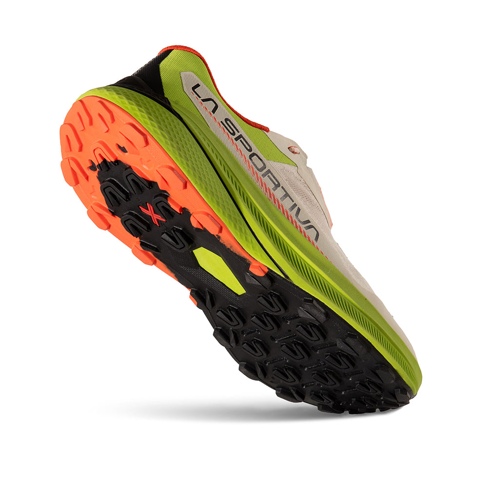 Prodigio - Men by La Sportiva in beige, green, and orange with XFlow™ foam for cushioned, stable trail running shoes