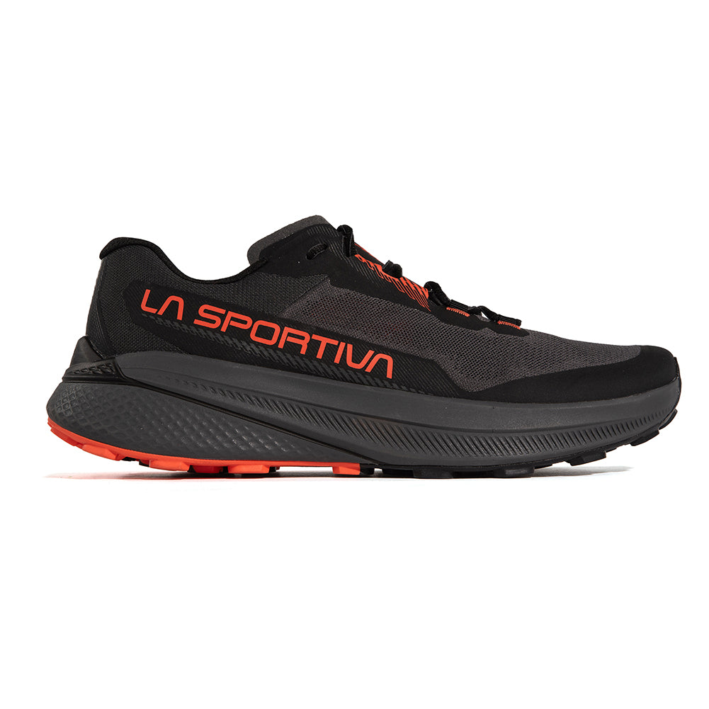 Prodigio - Men by La Sportiva in black and orange with XFlow™ foam for cushioning and stability, ideal for trail running