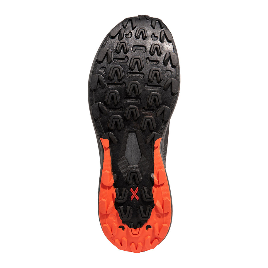 Prodigio - Men by La Sportiva in black and orange with XFlow™ foam, durable outsole for cushioning and stability in trail running shoes