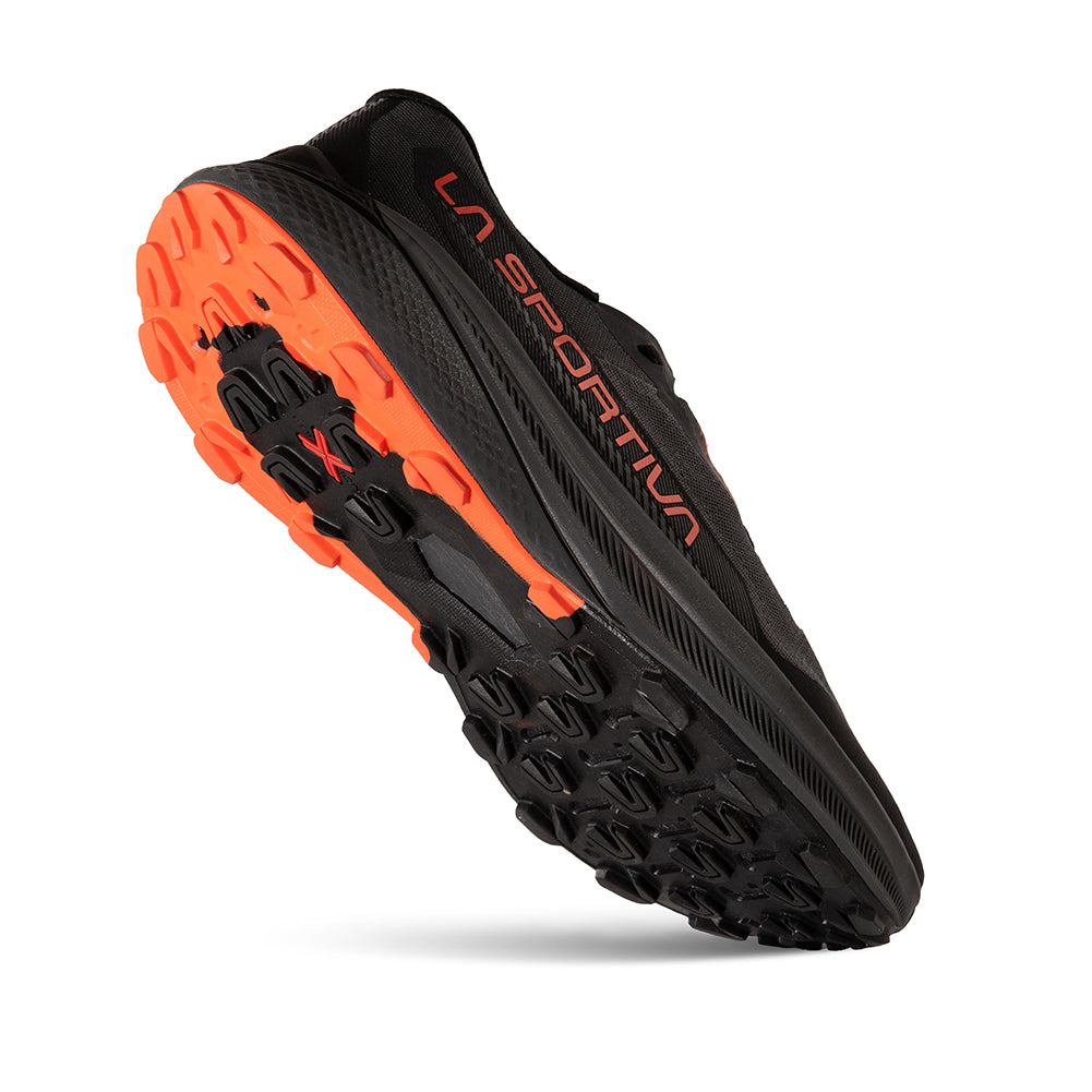 Prodigio - Men by La Sportiva in black and orange with XFlow™ foam, lightweight trail running shoe for cushioning and stability outdoors