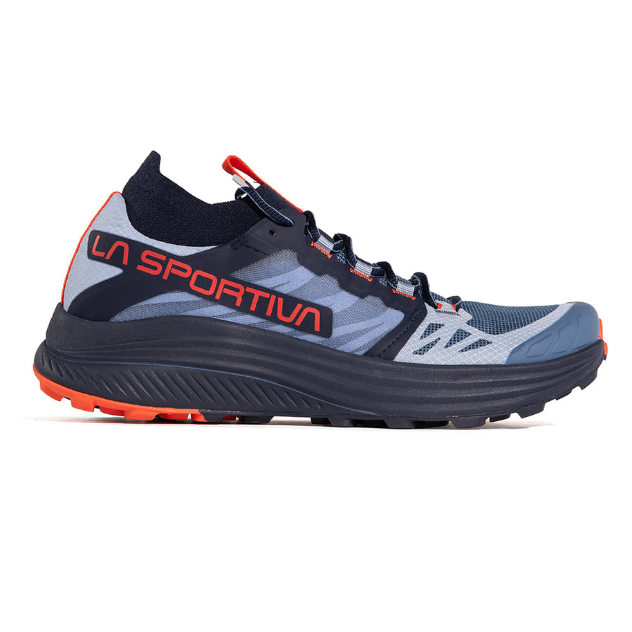 Levante - Women by La Sportiva in grey and orange, lightweight trail running shoe designed for fit, support, and outdoor performance