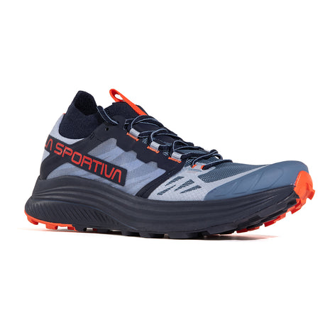 Levante - Women by La Sportiva in blue and orange, lightweight trail running shoe designed with female athletes for fit and durability