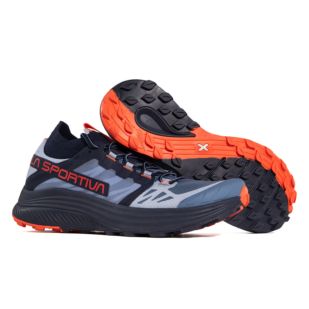 Levante - Women by La Sportiva in grey and orange, lightweight trail running shoe with athletic fit and durable sole for rugged outdoor use