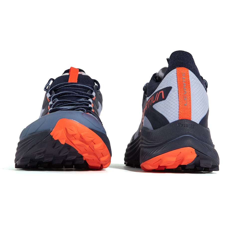 Levante - Women by La Sportiva in black, grey, and orange trail shoes designed for fit, support, and rugged outdoor running.
