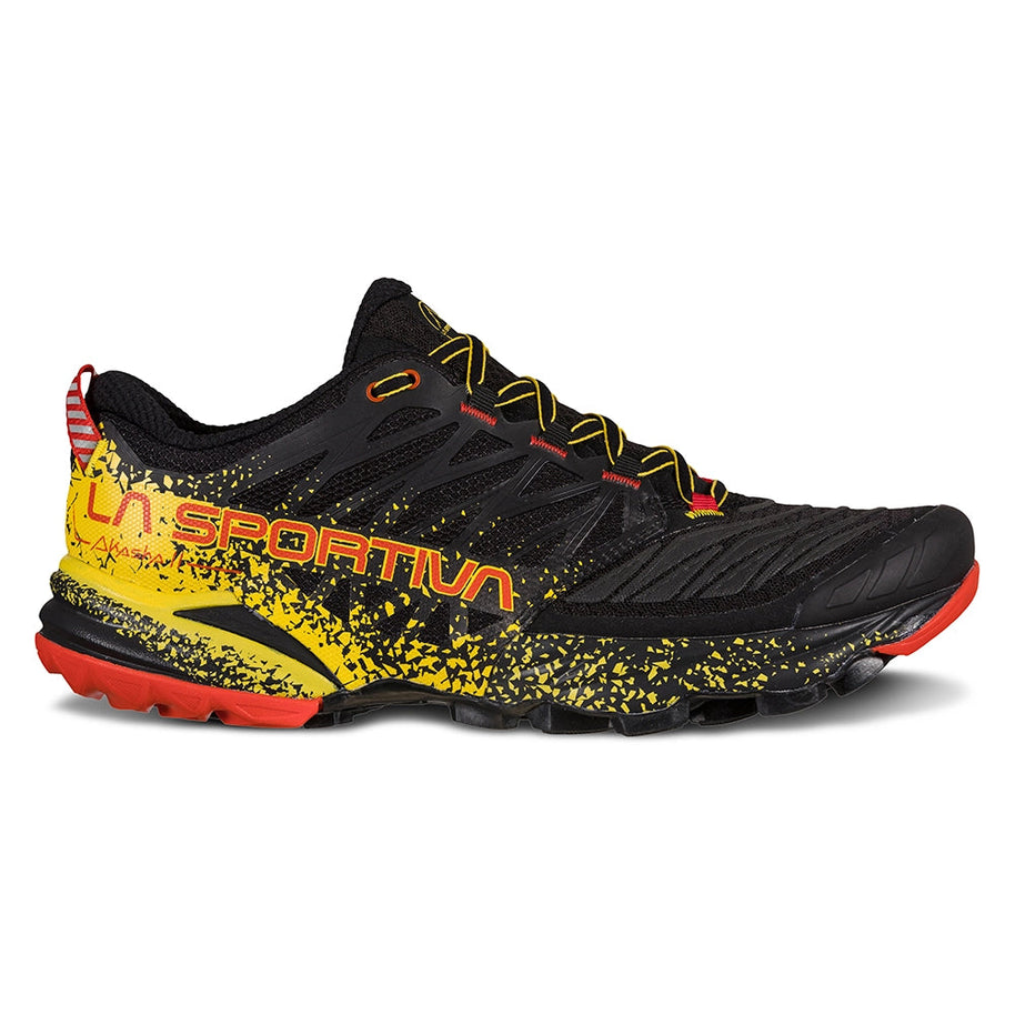 Akasha II - Men by La Sportiva in black and yellow trail running shoe with cushioning, responsiveness, and traction for technical terrain