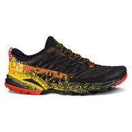 Akasha II - Men by La Sportiva in black and yellow trail running shoe with cushioning, responsiveness, and traction for technical terrain