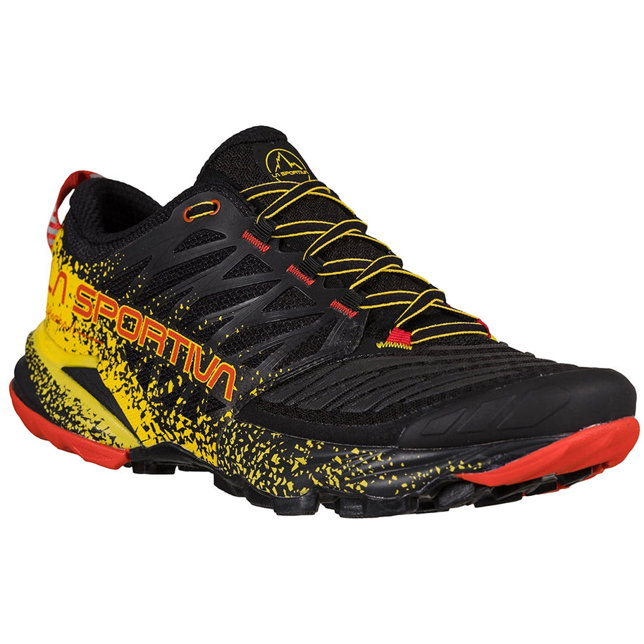 Akasha II - Men by La Sportiva in black and yellow with red accents, cushioned responsive trail shoe for technical terrain running
