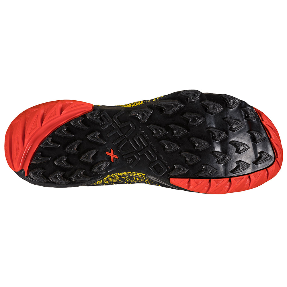 Akasha II - Men by La Sportiva in black and red trail shoe with cushioned responsive sole and durable outsole for technical terrain running