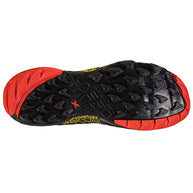 Akasha II - Men by La Sportiva in black and red trail shoe with cushioned responsive sole and durable outsole for technical terrain running