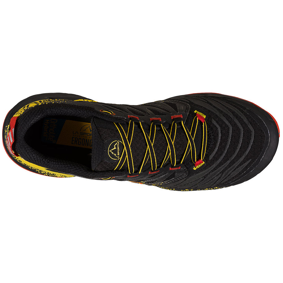 Akasha II - Men by La Sportiva in black and yellow, cushioned, responsive trail shoe with durable outsole for technical terrain and high mileage running