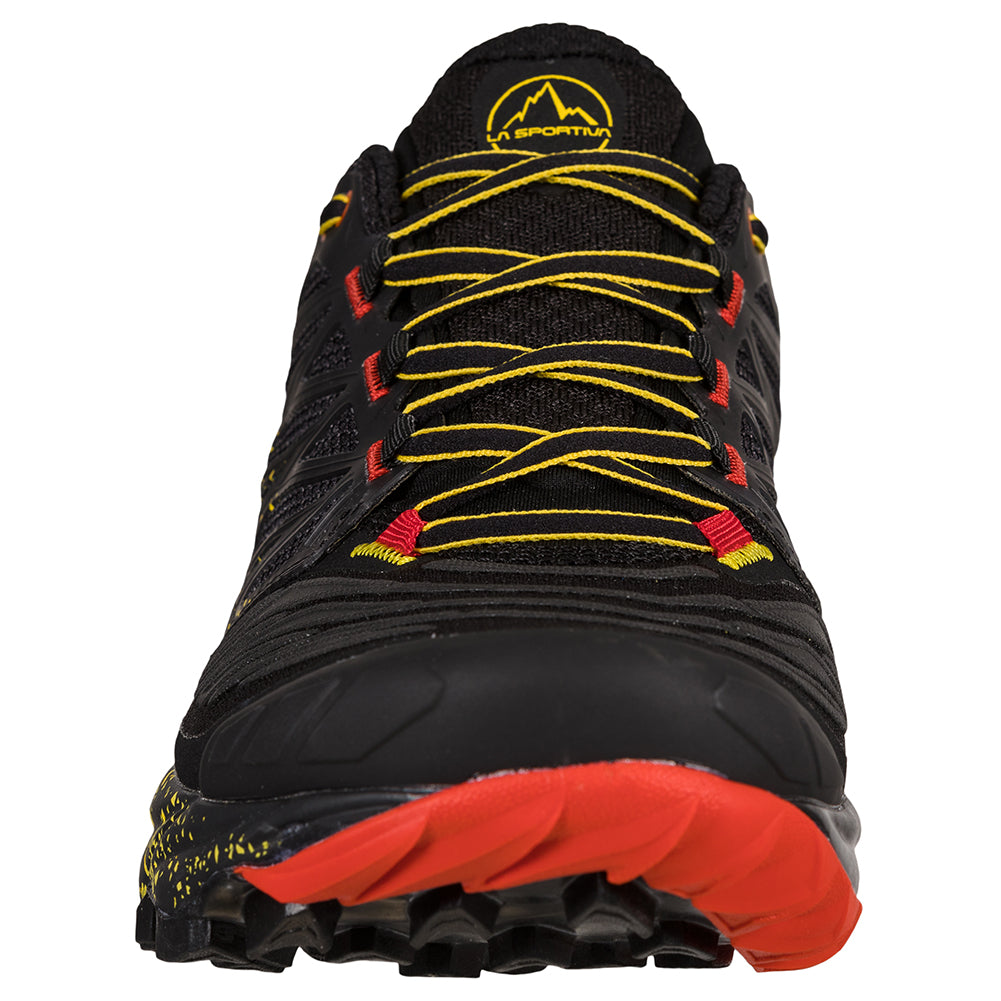 Akasha II - Men by La Sportiva in black with yellow laces and red outsole, cushioned trail shoe for technical terrain and high mileage runs