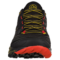 Akasha II - Men by La Sportiva in black with yellow laces and red outsole, cushioned trail shoe for technical terrain and high mileage runs