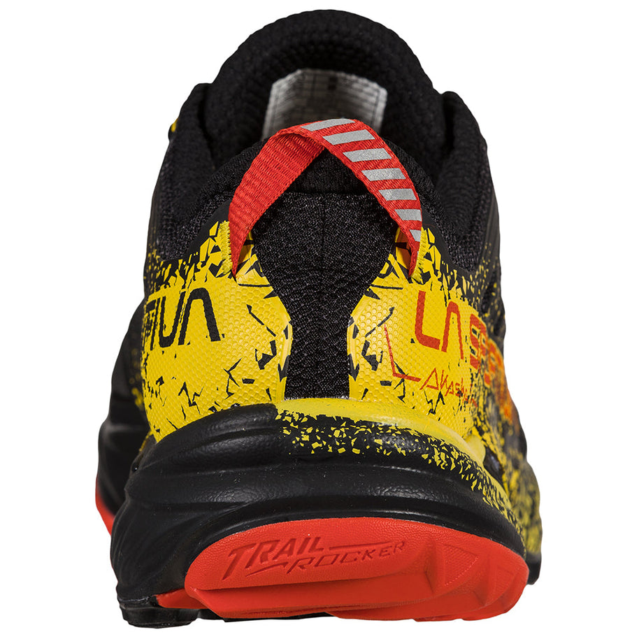 Akasha II - Men by La Sportiva in black, yellow and red trail shoe with cushion, responsiveness and traction for technical terrain running