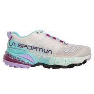 Akasha II - Women by La Sportiva in beige, purple, and teal trail running shoe with cushion, responsiveness, and traction for technical terrain