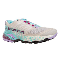 Akasha II - Women by La Sportiva in beige, turquoise and purple trail shoe with cushion, responsiveness and outsole traction for technical terrain