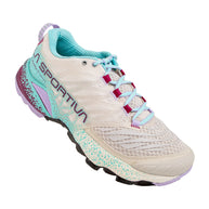 Akasha II - Women by La Sportiva in beige and teal trail running shoe with cushion, responsiveness, and durable outsole for technical terrain