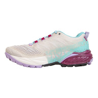 Akasha II - Women by La Sportiva in beige, teal, and purple trail running shoe with cushion, responsiveness, and traction for technical terrain