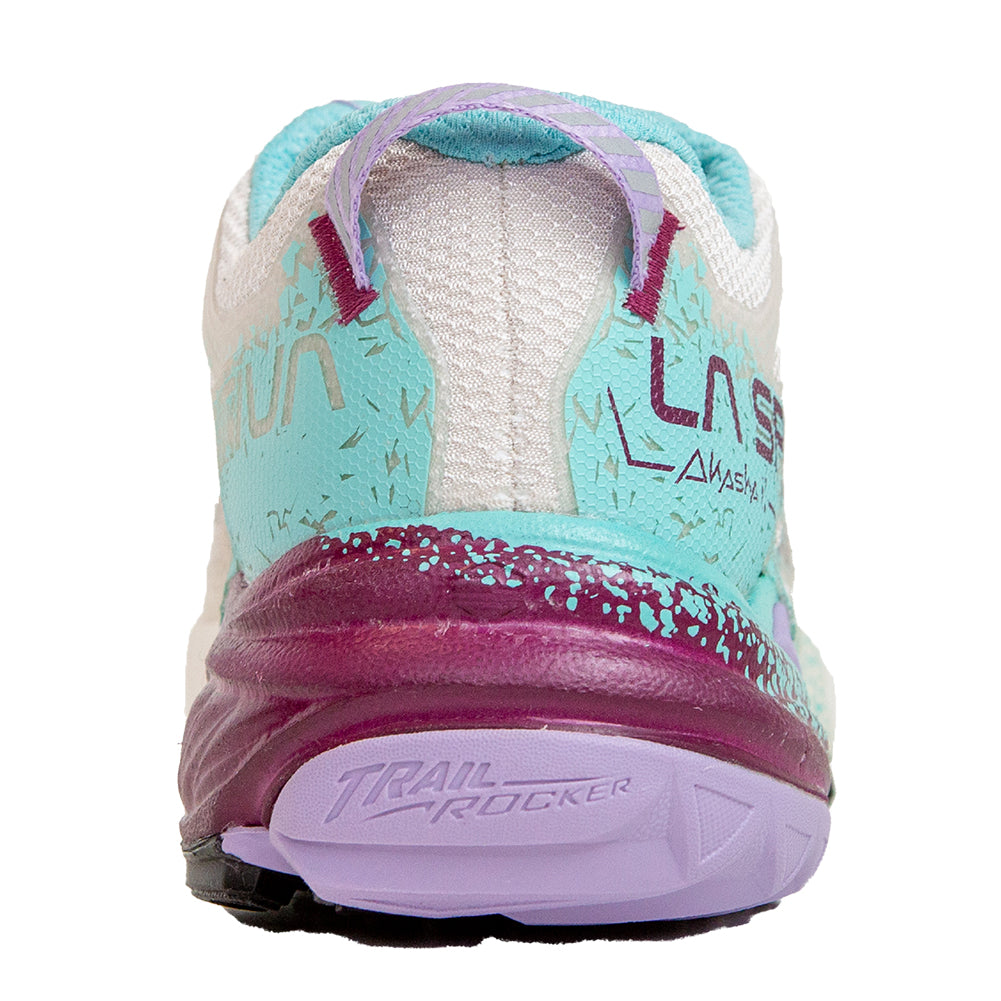 Akasha II - Women by La Sportiva in turquoise and purple trail shoe with cushion, responsiveness, and traction for technical terrain running