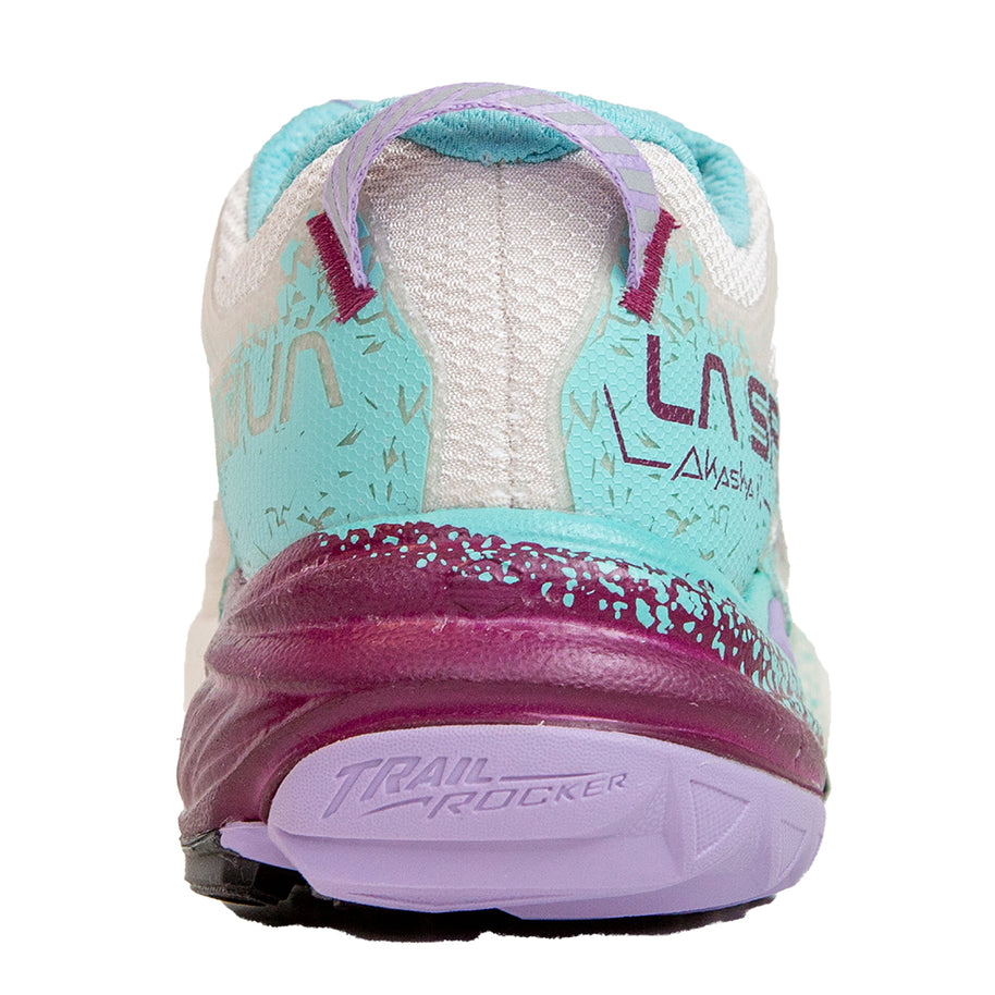 Akasha II - Women by La Sportiva in turquoise and purple trail shoe with cushion, responsiveness, and traction for technical terrain running