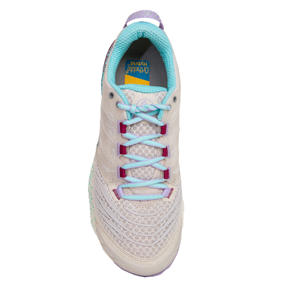 Akasha II - Women by La Sportiva in beige and light blue trail shoe with cushion, responsiveness, and outsole traction for technical terrain running