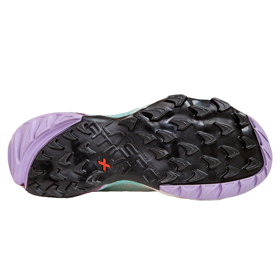 Akasha II - Women by La Sportiva in mint and purple with durable outsole traction designed for technical trail running and high mileage