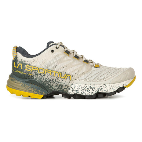 Akasha II - Women by La Sportiva in beige and yellow lightweight trail shoe with cushion, responsiveness, and traction for technical terrain running