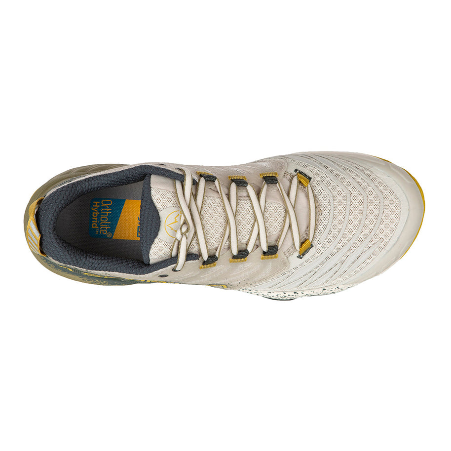 Akasha II - Women by La Sportiva in beige and yellow trail running shoe with cushioning, responsiveness, and durable outsole for technical terrain