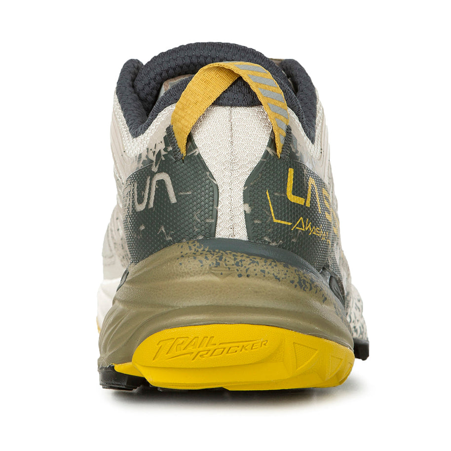 Akasha II - Women by La Sportiva in white and yellow with cushioned responsive midsole and outsole traction for technical trail running