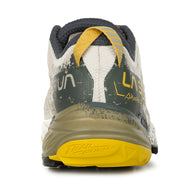 Akasha II - Women by La Sportiva in white and yellow with cushioned responsive midsole and outsole traction for technical trail running