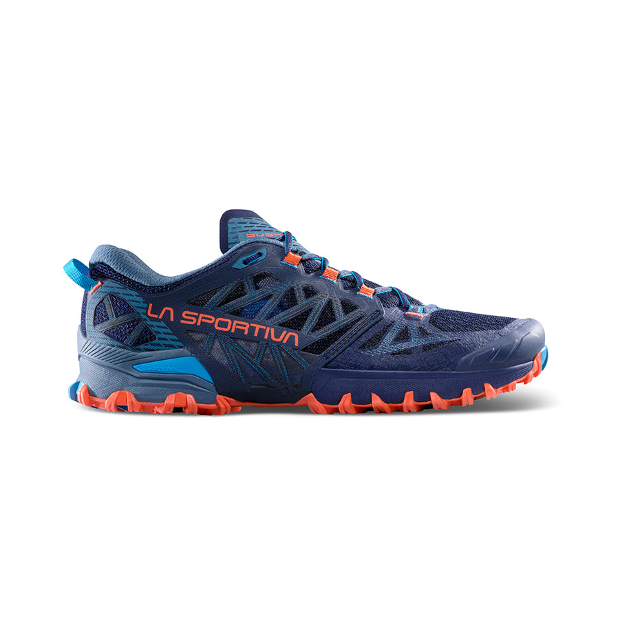 Bushido III Wide - Men by La Sportiva in navy blue and orange, technical mountain running shoe for rugged trail running and outdoor use