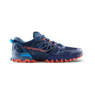 Bushido III Wide - Men by La Sportiva in navy blue and orange, technical mountain running shoe for rugged trail running and outdoor use